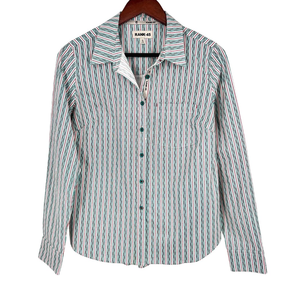 Rank 45 Womens Medium Button Down Green Poplin Western Blouse Shirt Top Rodeo
